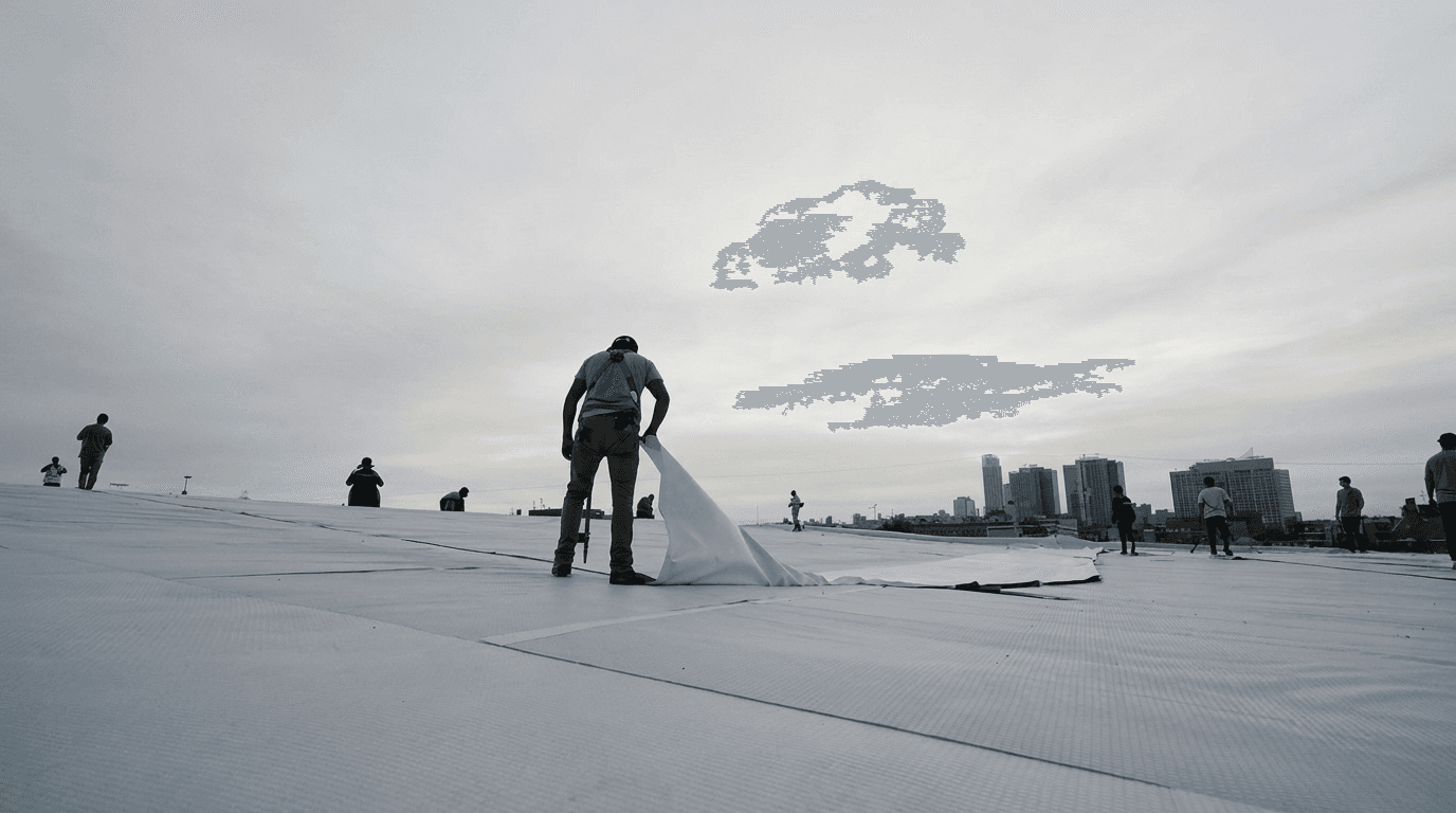Alto crew on a flat-roof job site, white TPO membrane