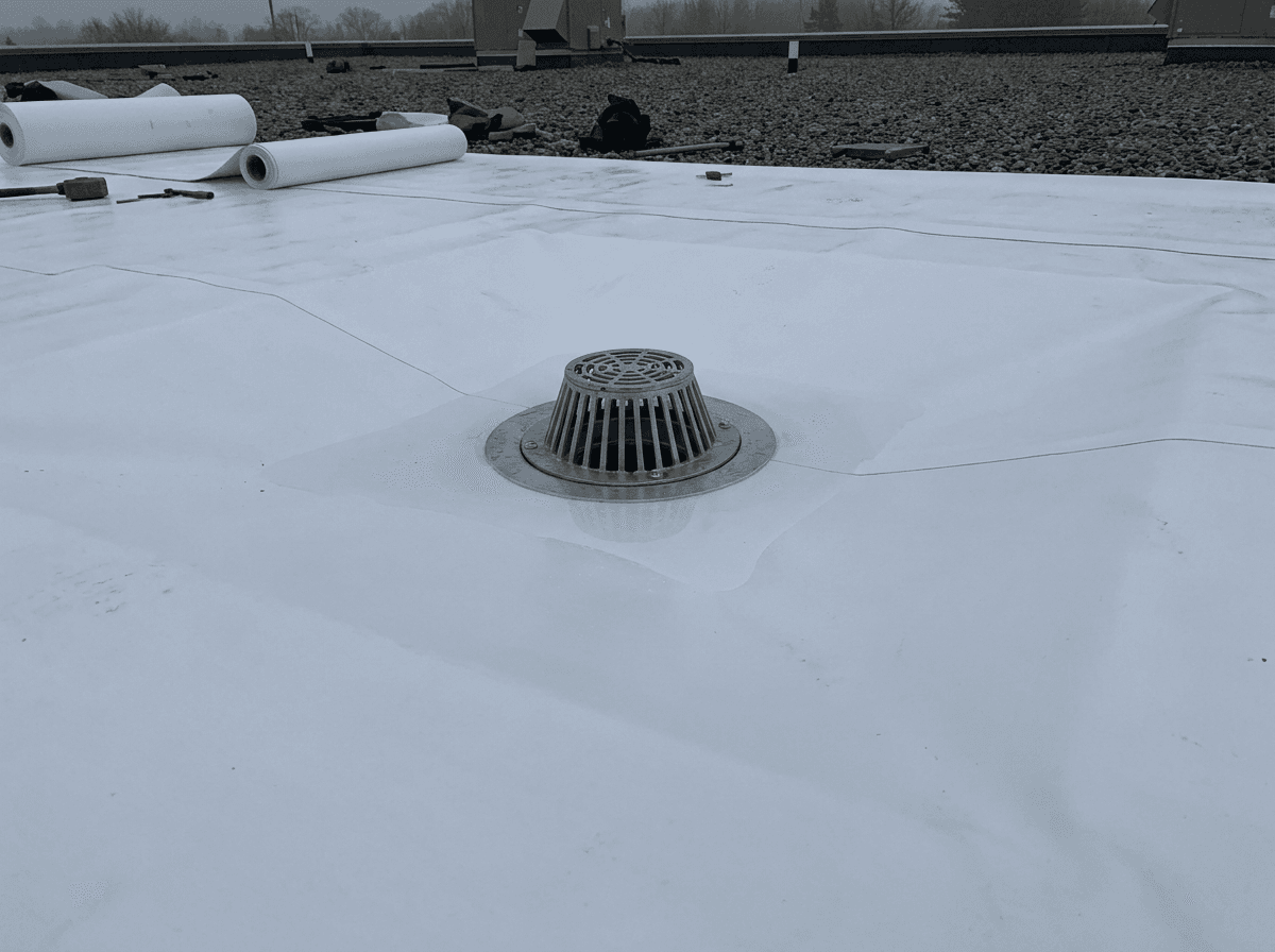 Flat-roof drain with slopes leading water to the drain