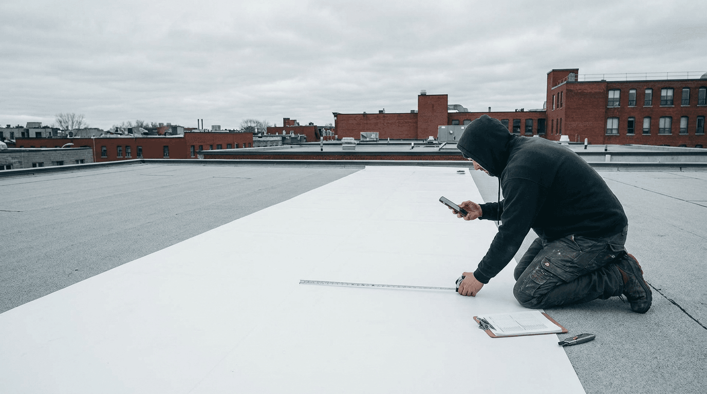 An Alto roofer measures and photographs a flat roof during the visit