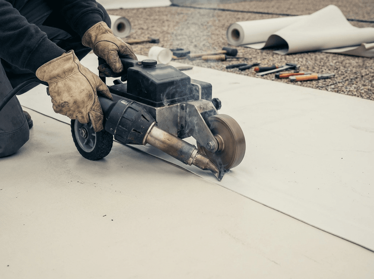 Welding a TPO membrane seam on a job site