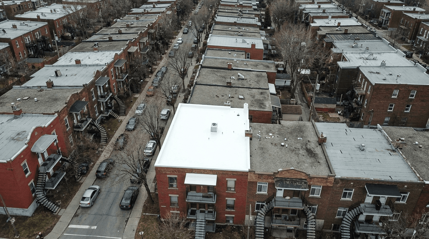 White TPO roof, aerial view of a Montreal plex
